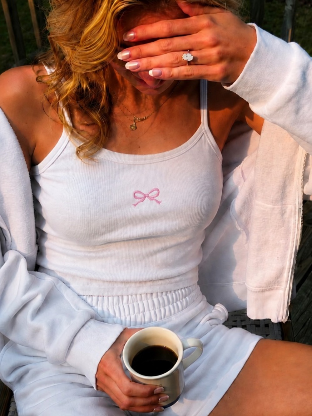 White Ribbed Tank Top with Pink Bow Embroidery
